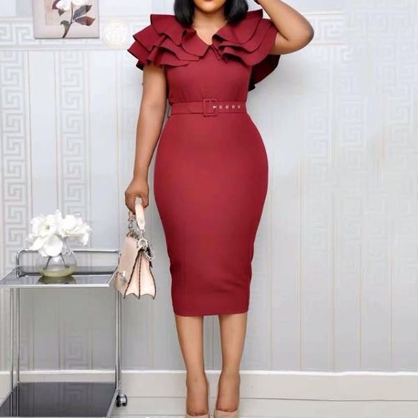 

party dresses 2021 fashion african plus size mother evening dressed elegant wrap hip slim reffles sleeved solid color robe with belt, White;black