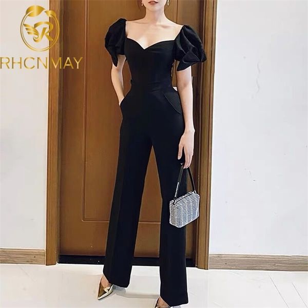 Alta Qualidade Moda Sexy Jumpsuits Strapless Mulheres Verão Buff Manga Cintura Casual Jump Tecto Playsuit Silm Long Jumpsuit 210506