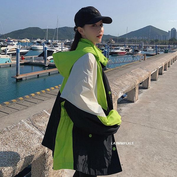 

women's trench coats contrasting color windbreaker women 2021 spring autumn splicing casual korean coat hooded drawstring jacket, Tan;black