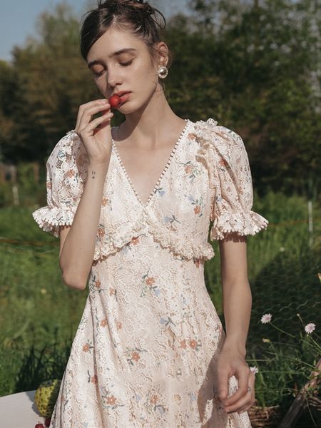 

casual dresses women summer vintage elegant slim floral pink lace korean fashion mori girls sweet v-neck long vestidos w7p2, Black;gray