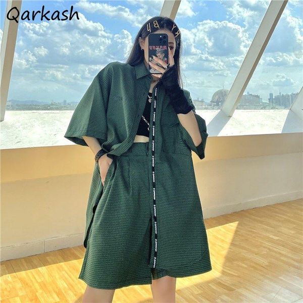 

women's tracksuits women set plaid vintage loose elastic waist single breasted shirts harajuku cool students leisure chic soft summer, Gray