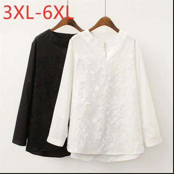 

autumn winter plus size womens shirts large long sleeve loose cotton embroidery lace shirt 3xl 4xl 5xl 6xl, White