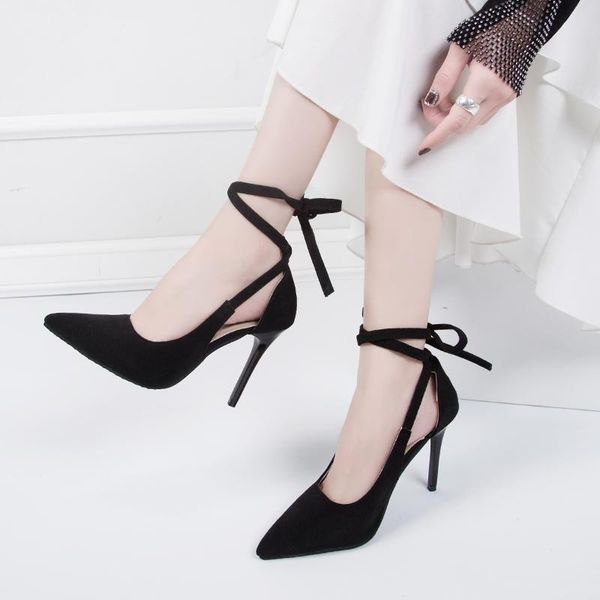 

dress shoes 2021 spring and autumn baotou sandals fine with shallow mouth pointed suede wild large size fashion high heel women, Black