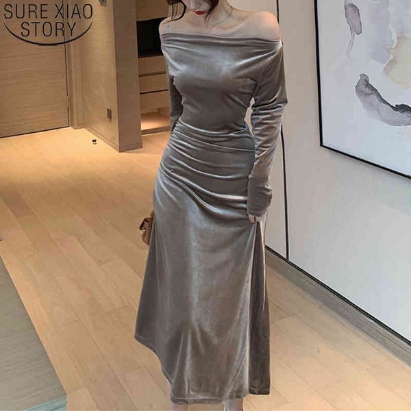 

simple solid coffee slash neck dresses elegant women autumn and winter pleated warm velvet slim vestidos long dress 12585 210417, Black;gray