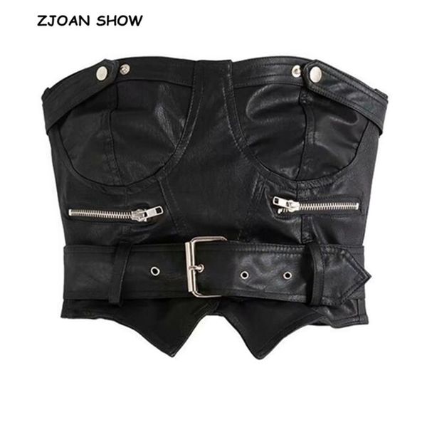 

summer belt black pu leather tank strapless backless cropped women sashes buckles skinny camis short 210429, White