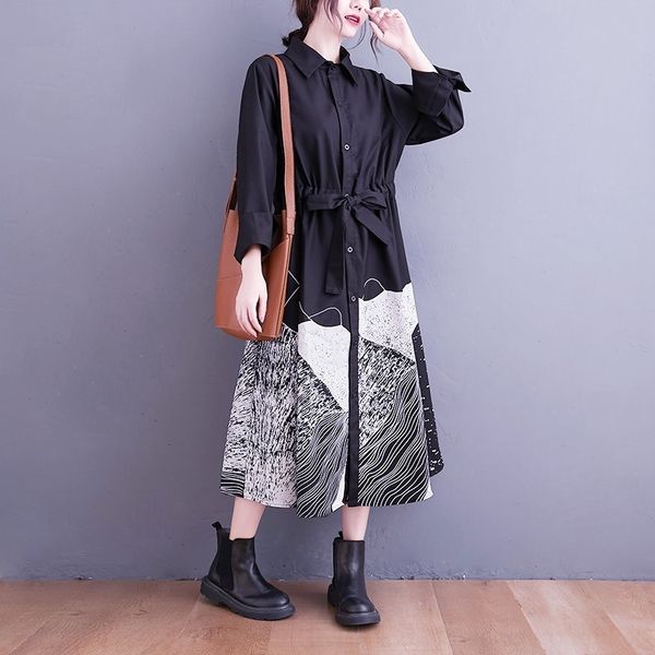 

g7e 2021 springliterature and art fat mm women's lace up plus size es fashion stitching printing loose large shirt dresslace dress