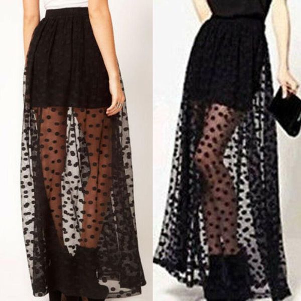 

casual women skirts elastic high waist ruffle polka dots mesh long tutu skirt sheer tulle net party, Black