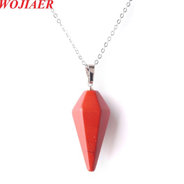 

wojiaer pendant necklace hexagonal pyramid natural red river jasper gem stone reiki chakra dangle beads jewelry z9092, Silver