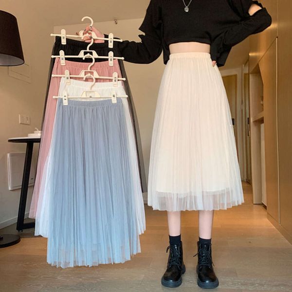 

casual dresses dress autumn and winter high waist pleated mesh medium length temperament a-line skirt for women's wear 2tsw, Black;gray