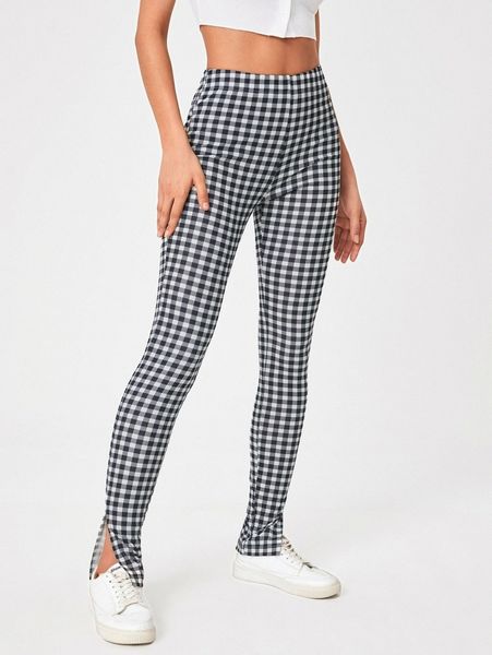 

tall gingham slit hem skinny pants 92db#, Black;white