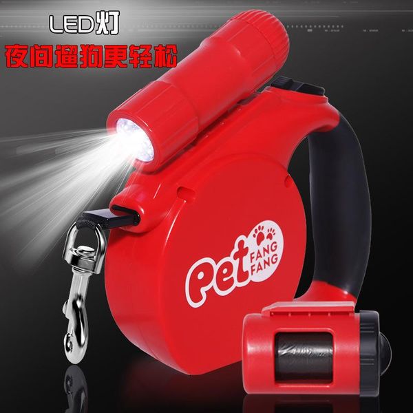

retractable dog leash flexi dogs traction rope automatic extending walking leashes with led lighting lamp rubbish bag box collars &