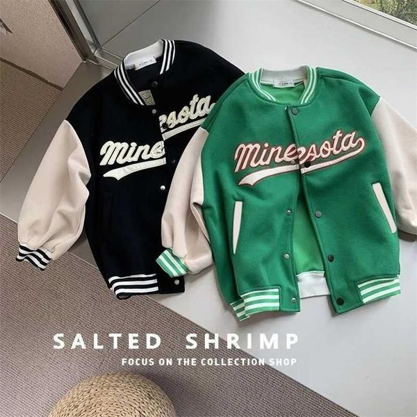 Giacche da baseball autunno verde Big Kids Teens Abbigliamento moda per ragazze Ragazzi Cardigan da 4 a 12 bambini Outwear Cappotti 211204