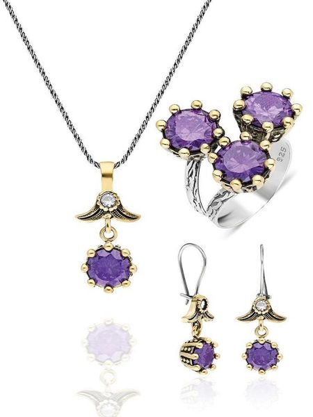 

earrings & necklace amethyst stone sterling silver triple set 925 for women