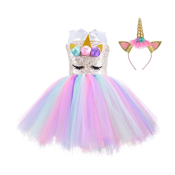 

girls dress princess unicorn costume sequin tutu dress, White