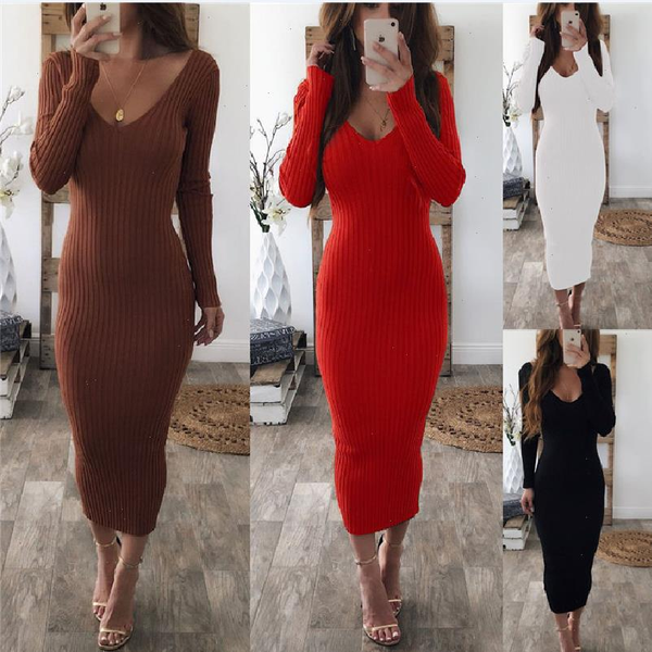 

robe long sleeve knitted sweaters womens dresses autumn winter casual v neck stripe dress, Black;gray
