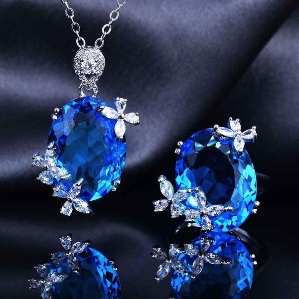 

earrings & necklace fashion oval blue cubic zircon pendant luxury butterfly adjustable size rings for women wedding engagement gifts, Silver