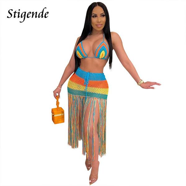 

stigende summer boho crochet two piece skirt set women hollow out tassels dress beach wear 2 swimsuit cover up women's swimwear, White;black