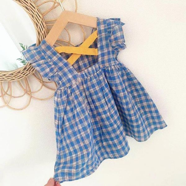 

summer products girls dress children flying sleeve doll shirt halter cross check casual dresses party clothing girl's, Red;yellow