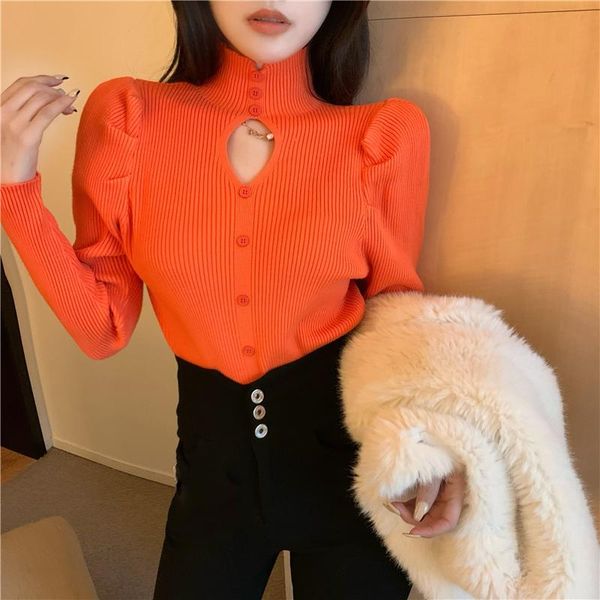

women's sweaters puff long sleeve knitted sweater pullovers girls solid buttons turtleneck winter thick hollow out jumpers women, White;black