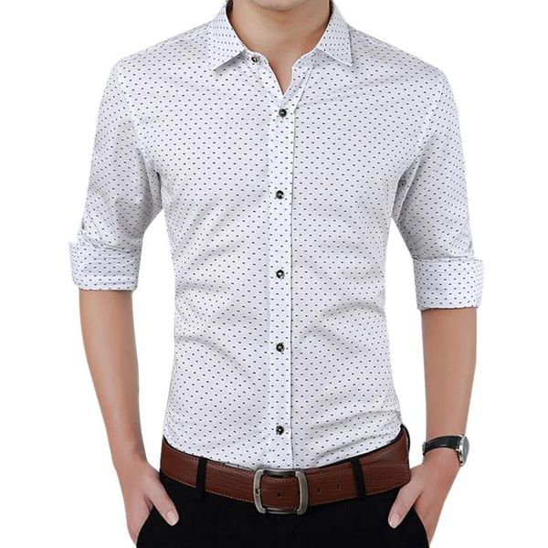

fashion nice slim men long sleeve shirt dot printed casual plaid social spring breathable clothes men's shirts, White;black