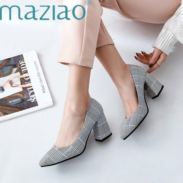 

dress shoes checked plaid pointed toe office career woman pumps shallow square heel high heels ladies plus size 32-46 maziao, Black