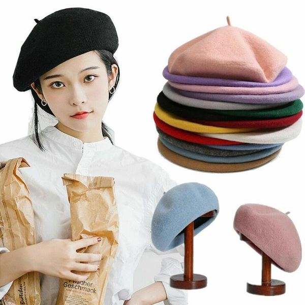 

berets women's girls beret french artist warm wool winter beanie hat female vintage plain solid color elegant ladies caps, Blue;gray