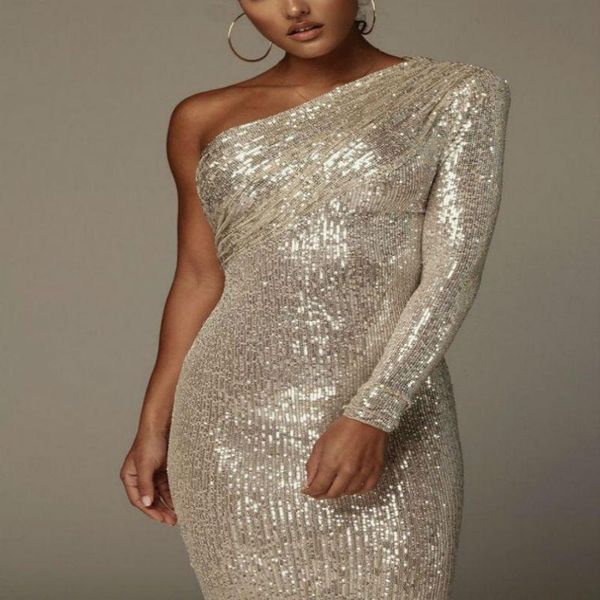 

casual dresses fashion's women 2021 bodycon one-shoulder knee-high sequins evening club party vestido spring dress, Black;gray