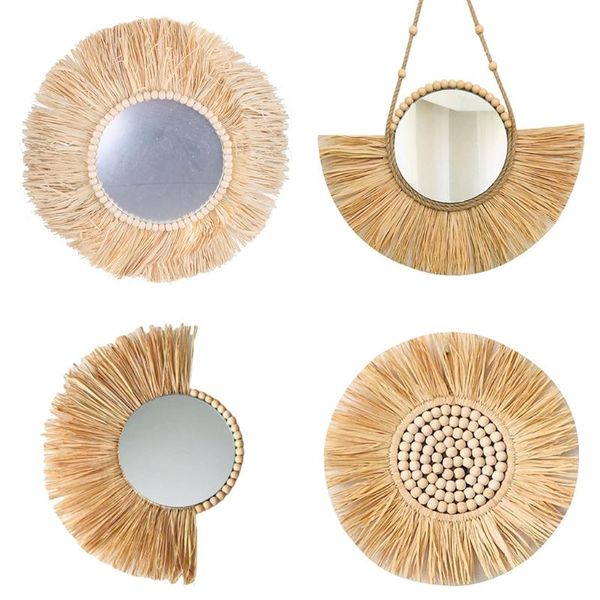 

mirrors moroccan woven straw hanging wall mirror boho macrame braided wooden beads makeup tapestry home bedroom decor
