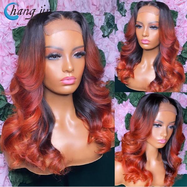 

lace wigs changjin 13x4 front human hair for women ombre color brazilian remy 4x4 closure with baby, Black;brown
