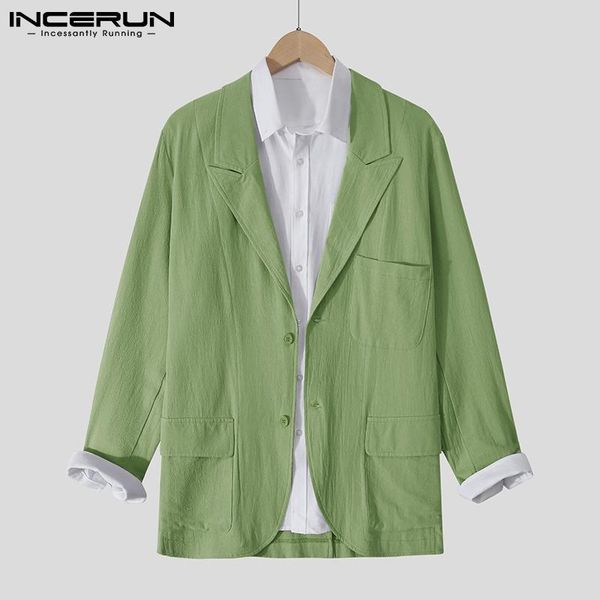 

men's suits & blazers incerun 2021 men casual blazer cotton solid color lapel long sleeve button streetwear vintage leisure pockets coa, White;black