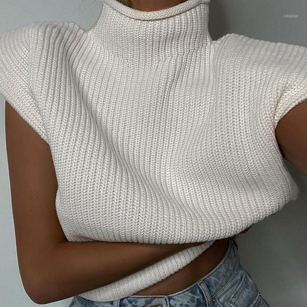 

fashion sleeveless turtleneck knitted vest sweater women pullover 2021 autumn winter jumper with shoulder pads casual women's sweaters, White;black