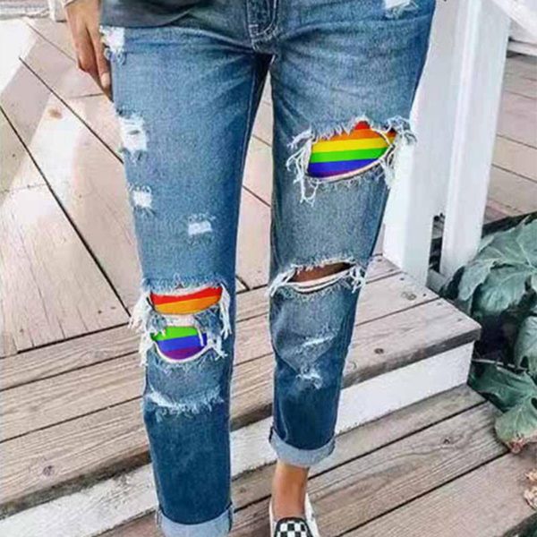 

hole distressed patchwork print hip hop woman jeans straight ripped trouser vintage clothes slim denim pants washed women's, Blue