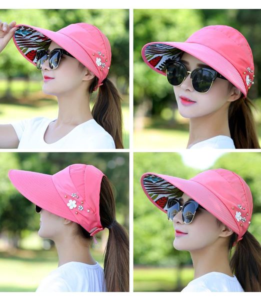 

wide brim hats summer sun hat with pearl adjustable big heads wide-brimmed beach uv protection packable visor 1pcs ltnshry, Blue;gray