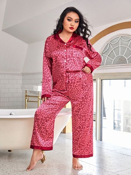 

plus leopard print satin pj set j51c#, Black;white
