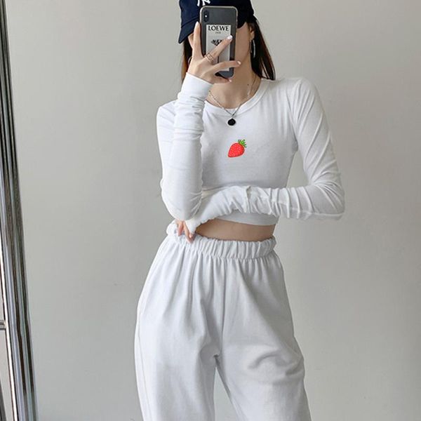 

women's t-shirt harajuku strawberry streetwear tshirt women cotton o neck long sleeve tight casual fashion female gothic pants sets, White