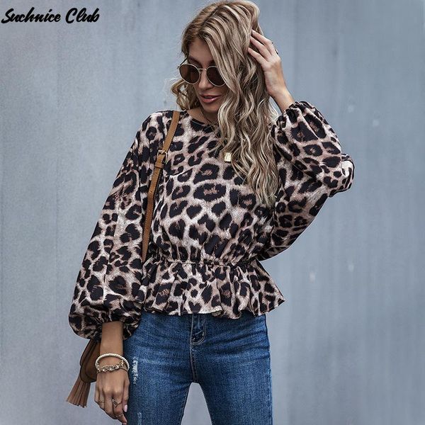 

women's blouses & shirts 2021 spring leopard print round neck chiffon ladies shirt long sleeve autumn and winter fashion, White
