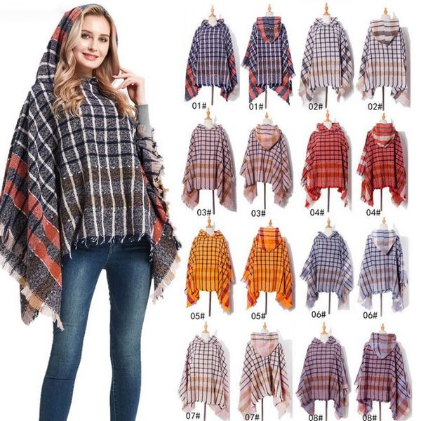 

scarves dhl or fedex 10pcs/lot autumn winte warm plaid scarf for women knitted cashmere poncho hooded cloak shawls, Blue;gray