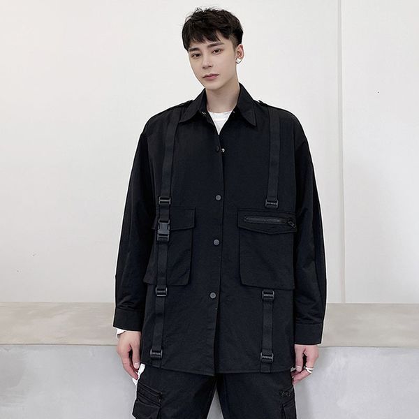 

men's casual shirts men ribbon pocket long sleeve cargo shirt male japan harajuku streetwear hip hop loose lzcg, White;black
