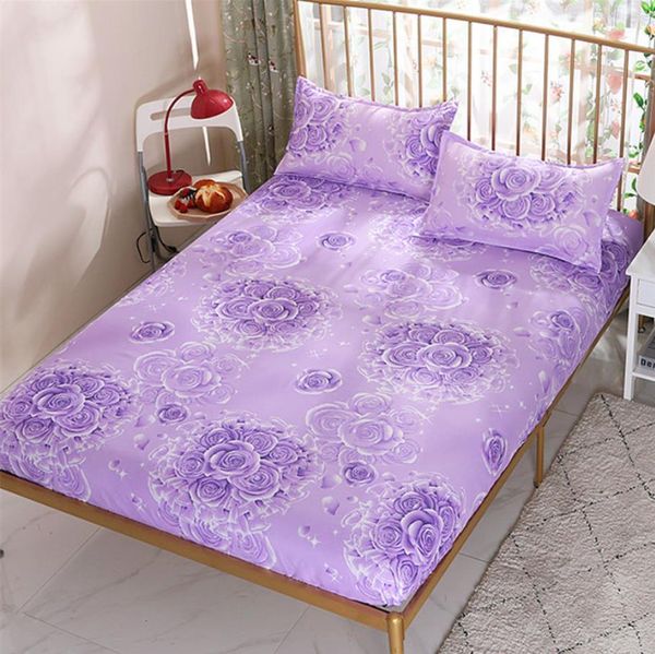 3 pz/set Biancheria Da Letto Per La Casa Alla Moda 1 Lenzuolo + 2 Federa Fiore di Rosa Viola Coprimaterasso Copriletto Copriletto F0075 210420