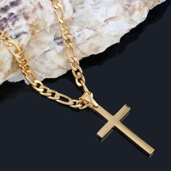

pendant necklaces hip hop cross for men women fashion gold figaro chain 316l stainless steel christian choker jewelry, Silver