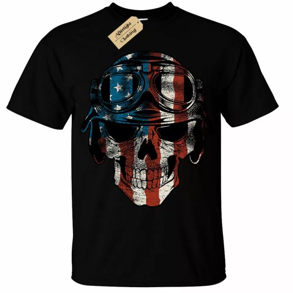 

the u.s. flag mens t-shirt skull us biker who bike rider, White;black