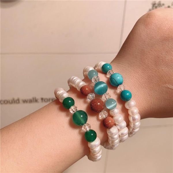 

charm bracelets korean vintage colorful opal irregular imitation pearl geometric round bracelet for women temperament party jewelry gifts, Golden;silver