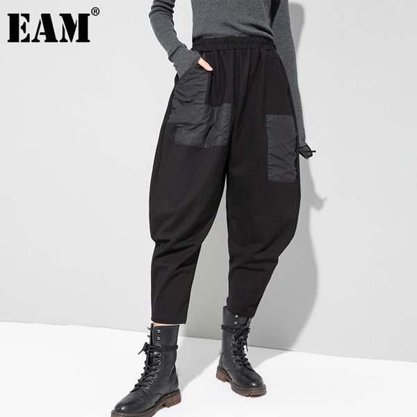 

[eam] asymmetrical pockets black high waist harem trousers loose fit pants women fashion tide spring autumn 2021 1dd3810 women's & capr, Black;white