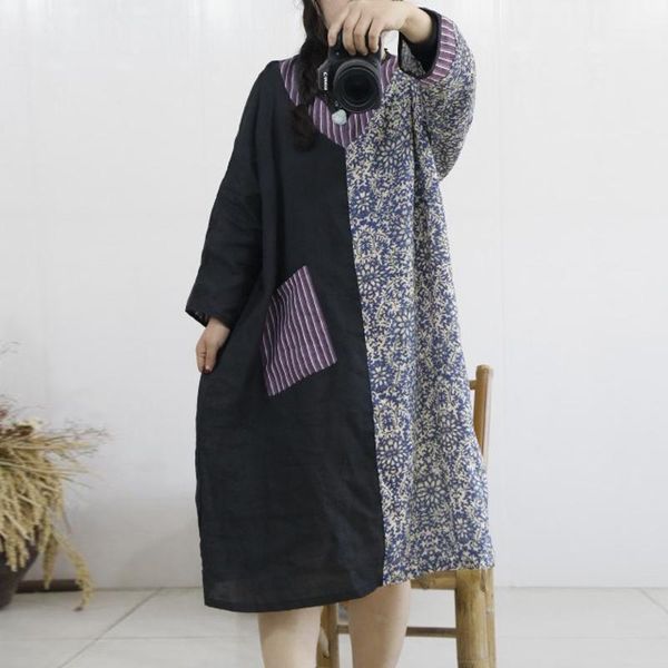 

casual dresses johnature women ramie dress v-neck long sleeve patchwork print floral robes 2021 fall pockets female original vintage, Black;gray
