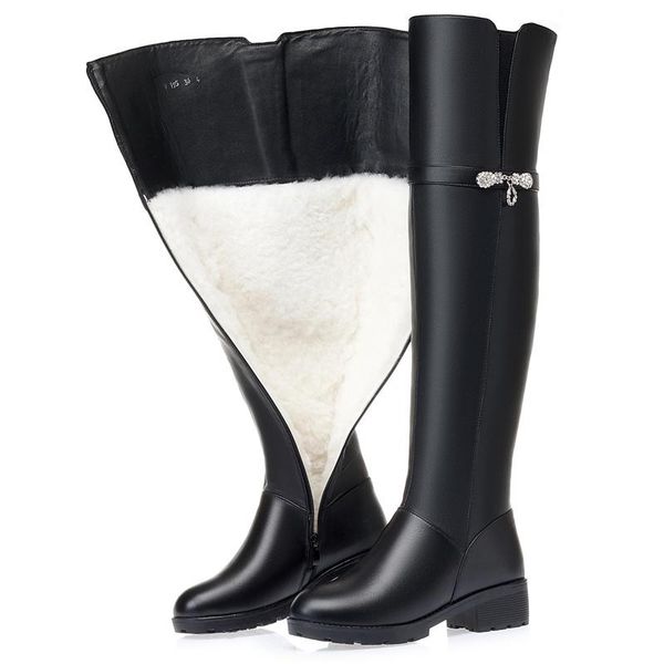 

boots morazora 2022 nature wool thigh high women square heels genuine leather over the knee zipper winter snow, Black