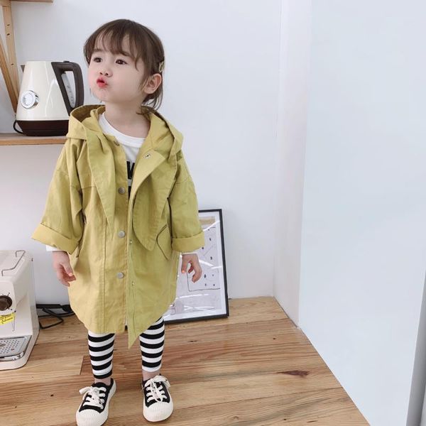 

korean style fashion girls solid color hooded trench coats 1-6 years kids cotton loose long jackets coat, Blue;gray