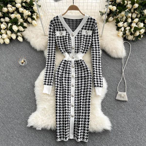 

casual dresses singiny autumn houndstooth knitting ladies retro korean dress thin pencil midi winter bodycon nightgown scy9, Black;gray