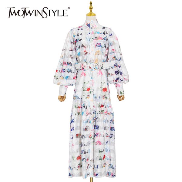 

twotwinstyle striped print dress for women stand collar lantern sleeve high waist elegant dresses female fashion clothing 210517, Black;gray
