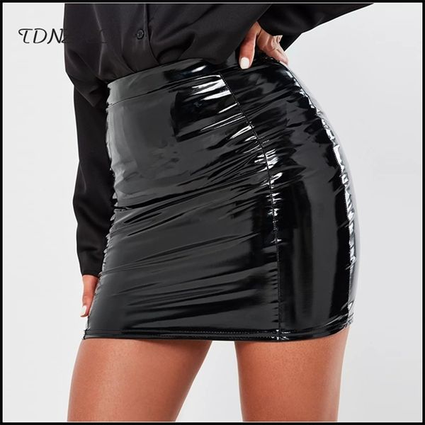 Black Latex couro mini saias mulheres sexy alta cintura pu curto escritório senhora skinny lápis saia bodycon clubwear personalizado 210629