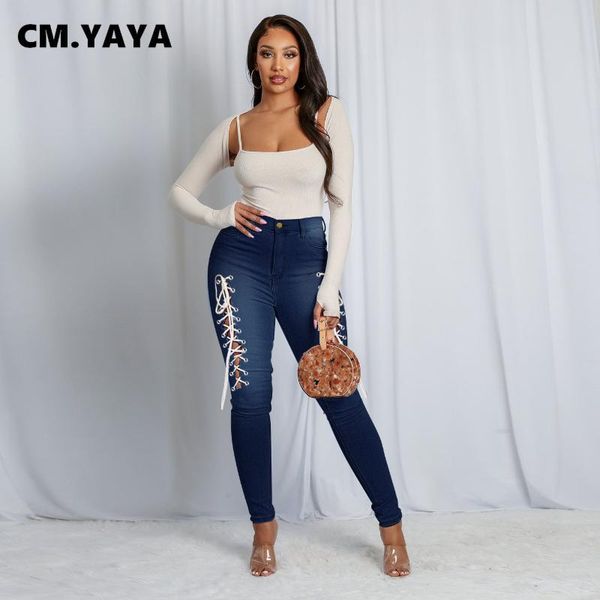 

cm.yaya women jeans sheath elastic high waist bandage long pencil denimi pants female street fashion trousers summer 2021 women's, Blue